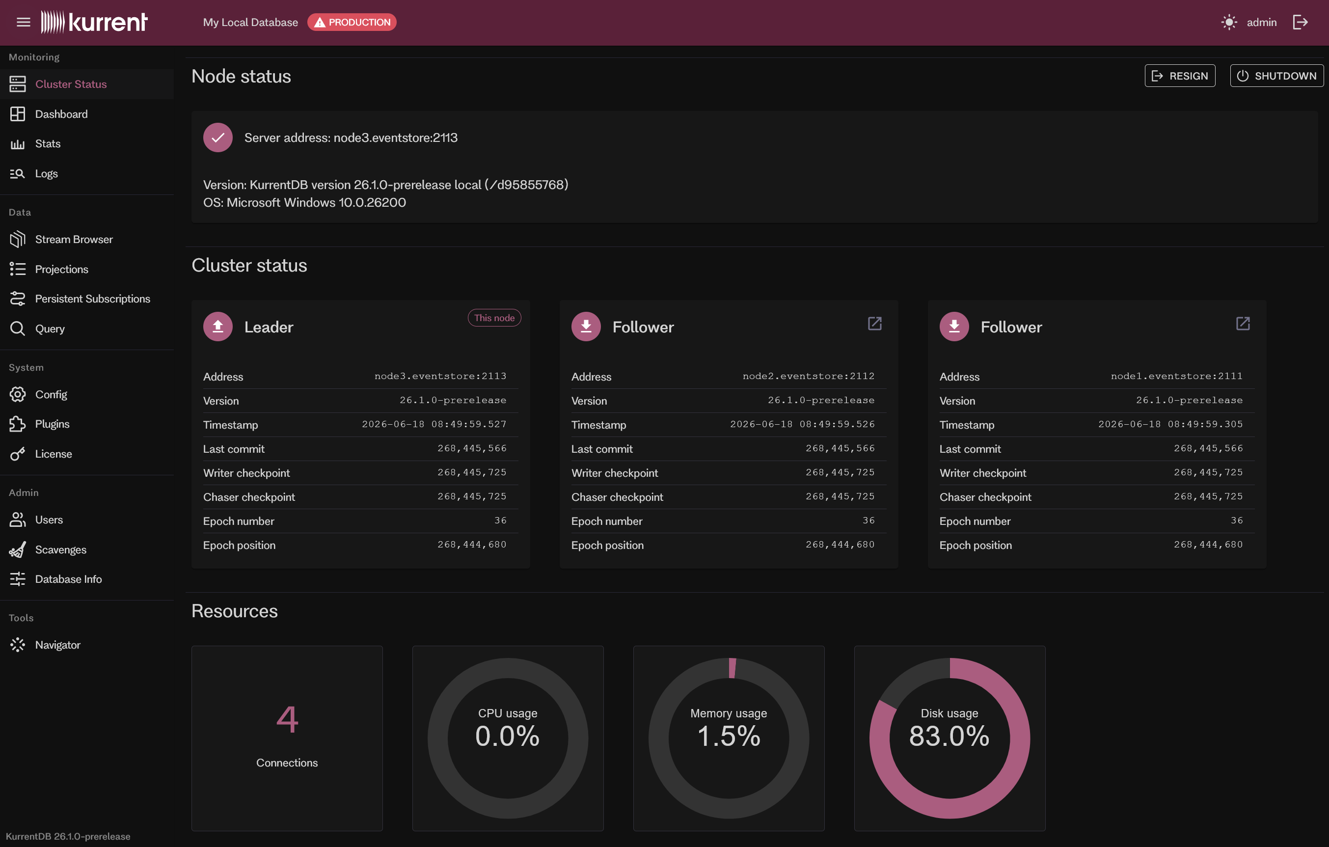 Embedded UI Cluster Status page