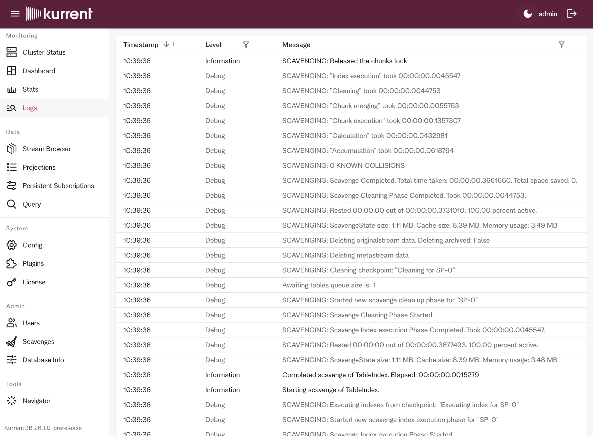 Embedded UI Logs page