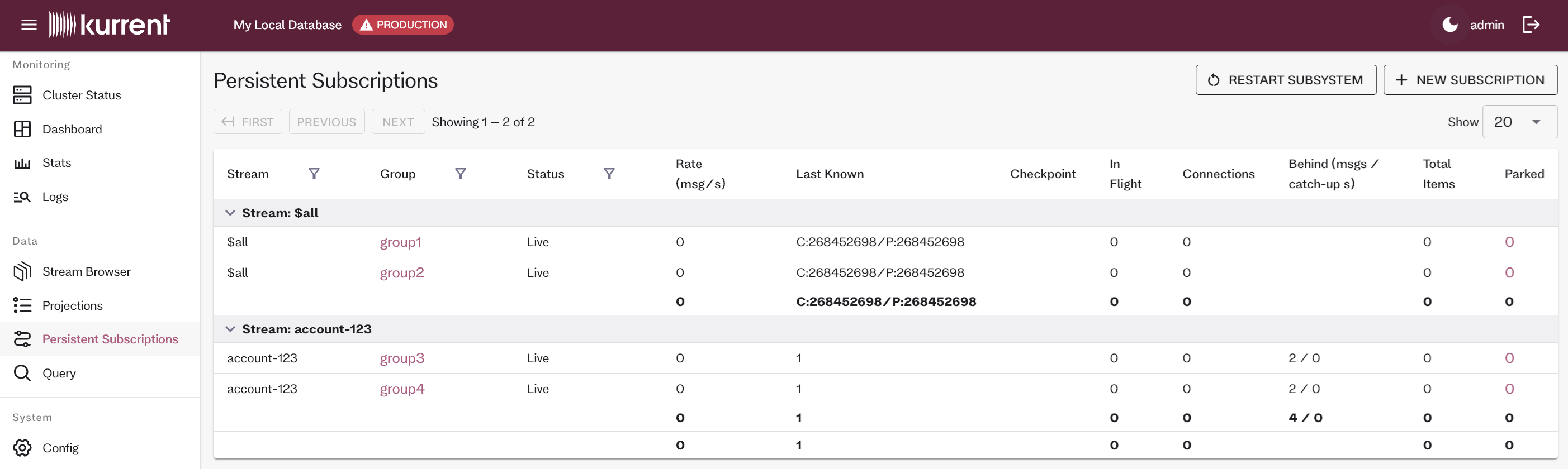 Embedded UI Persistent Subscriptions page