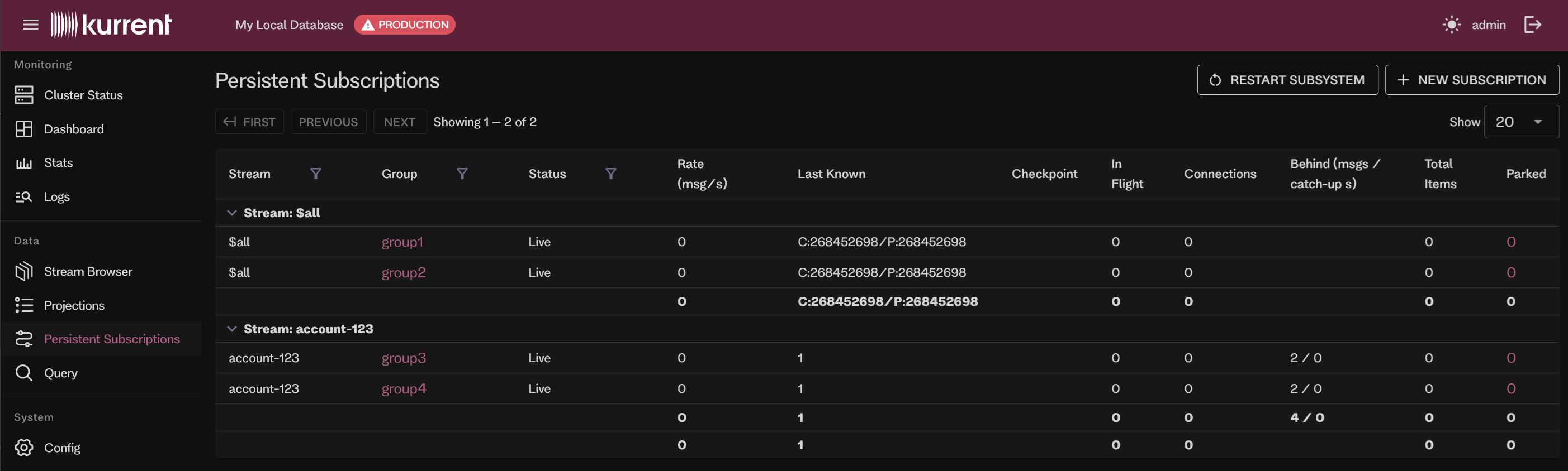 Embedded UI Persistent Subscriptions page