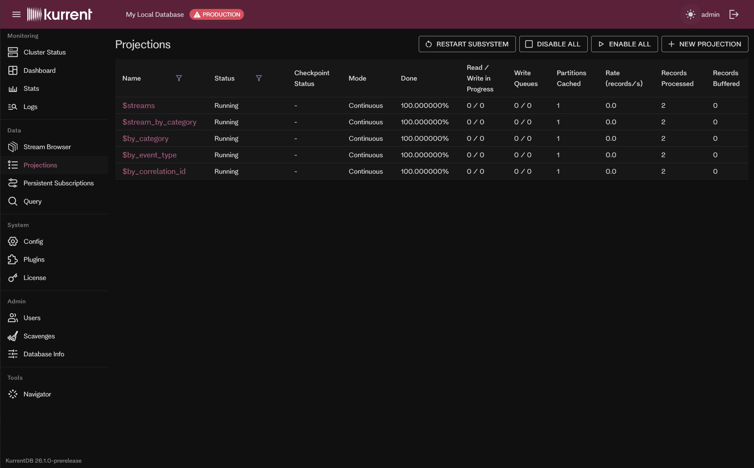 Embedded UI Projections page